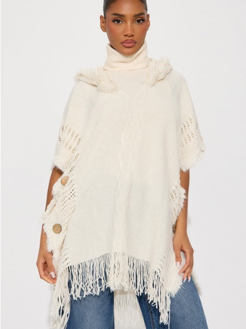 Fashion Nova Cream Fringe Turtleneck Poncho